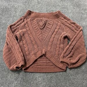 Express Sweater Womens Small Brown Cable Knit Chenille Cropped V Neck Pullover